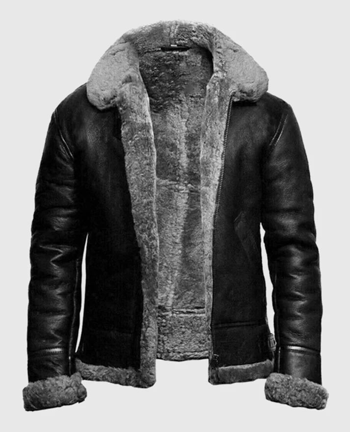Men's Flying Pilot Black Bomber FUR Aviator Jacket