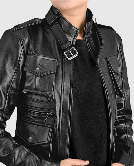 Women's Black Leather Jacket With Multi-Pocket