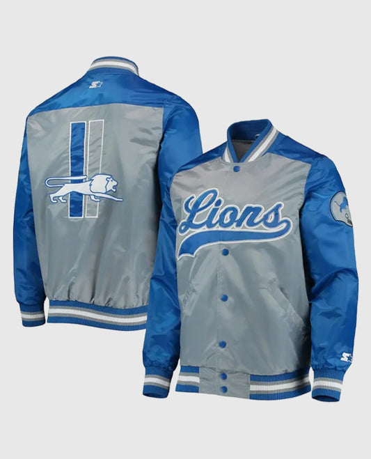 Detroit Lions The Tradition II Grey and Blue Varsity Satin Jacket
