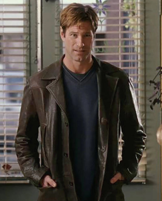 Aaron Eckhart Love Happens Leather Brown Trench Coat