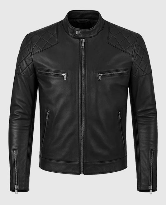 David Beckham Quilted Style Black Leather Biker Moto Jacket