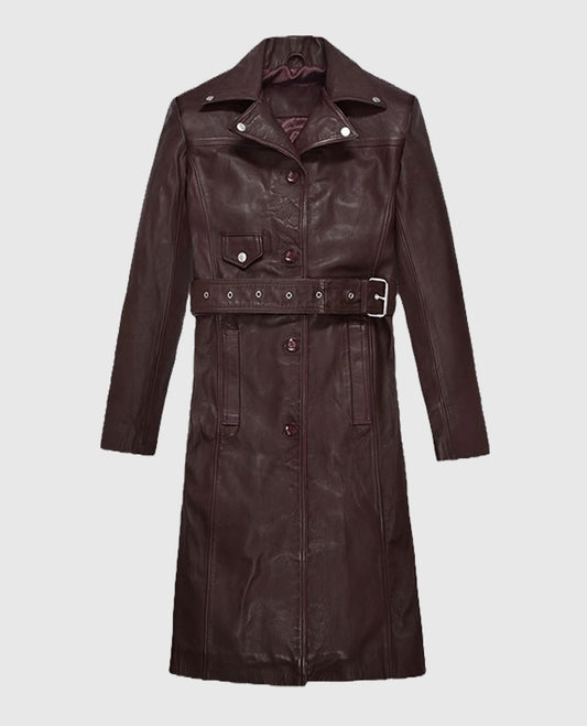 Eiza Gonzalez Leather Burgundy Trench Long Coat