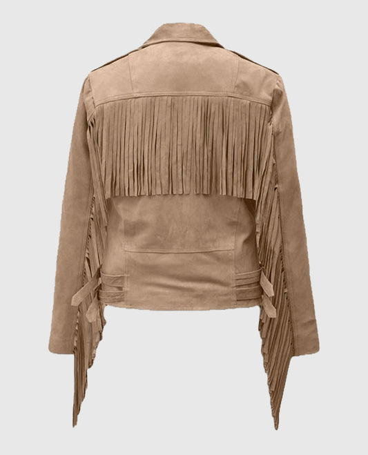 Women's Dusty Beige Suede Fringes Leather Jacket