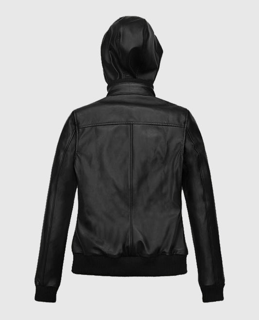 Women's Symphony Black Leather Jacket with Detachable Hood