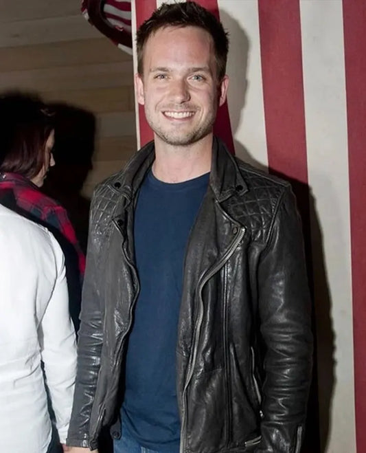 Patrick J Adams Black Leather Jacket in Classic Biker Style