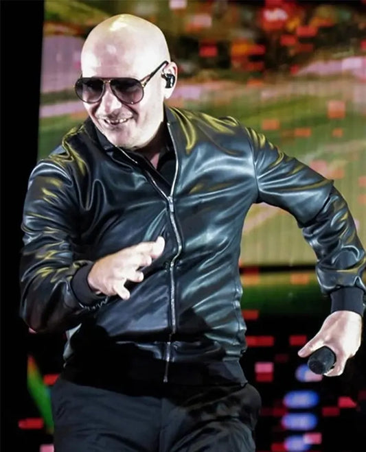 Pitbull Black Leather Bomber Jacket Inspired by Rap Icon Style