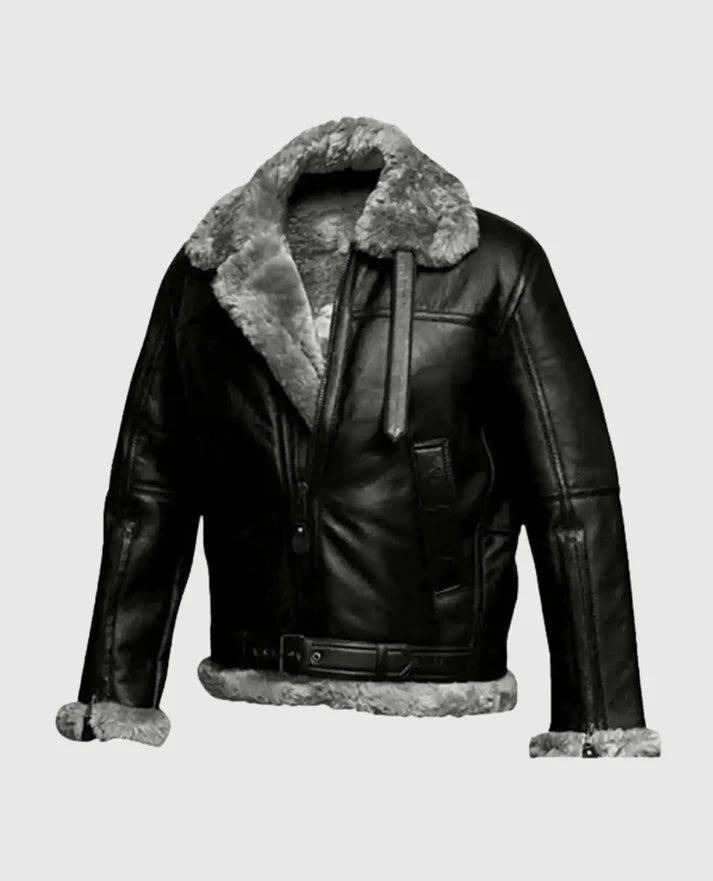 Men's Flying Pilot Black Bomber FUR Aviator Jacket