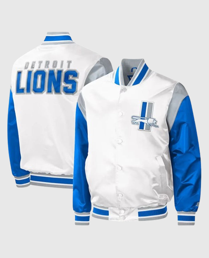 Throwback Warm Up Pitch Detroit Lions Varsity Satin Jacket