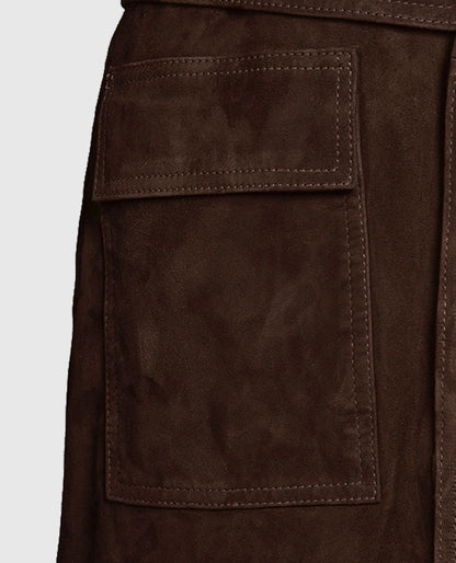 Women's Long Alpine Suede Leather Dark Brown Coat