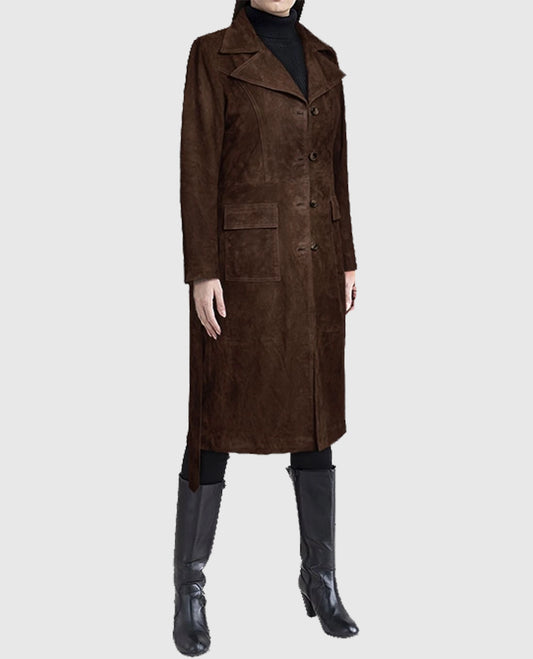 Women's Long Alpine Suede Leather Dark Brown Coat