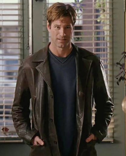 Aaron Eckhart Love Happens Leather Brown Trench Coat