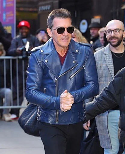 Antonio Banderas Blue Leather Biker Jacket