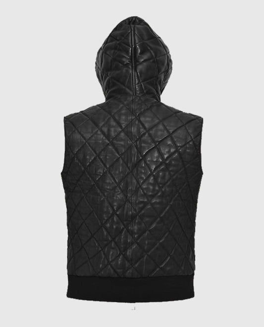 Black Quilted Hooded Leather Vest For Men