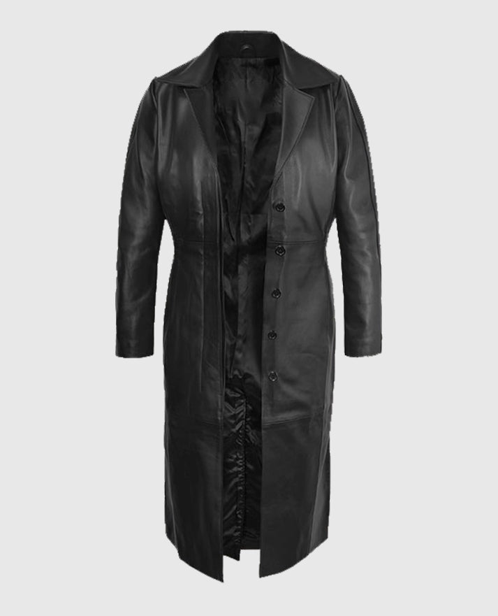 Black Selena Gomez Leather Long Trench Coat