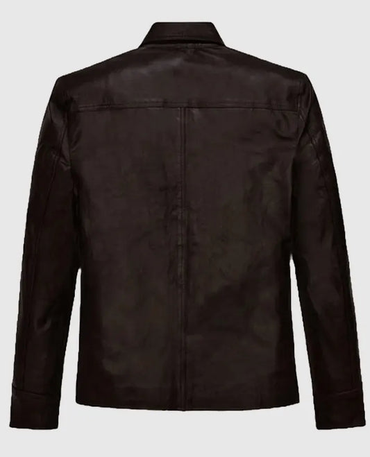 Dark Brown Trucker Leather Jacket For Men