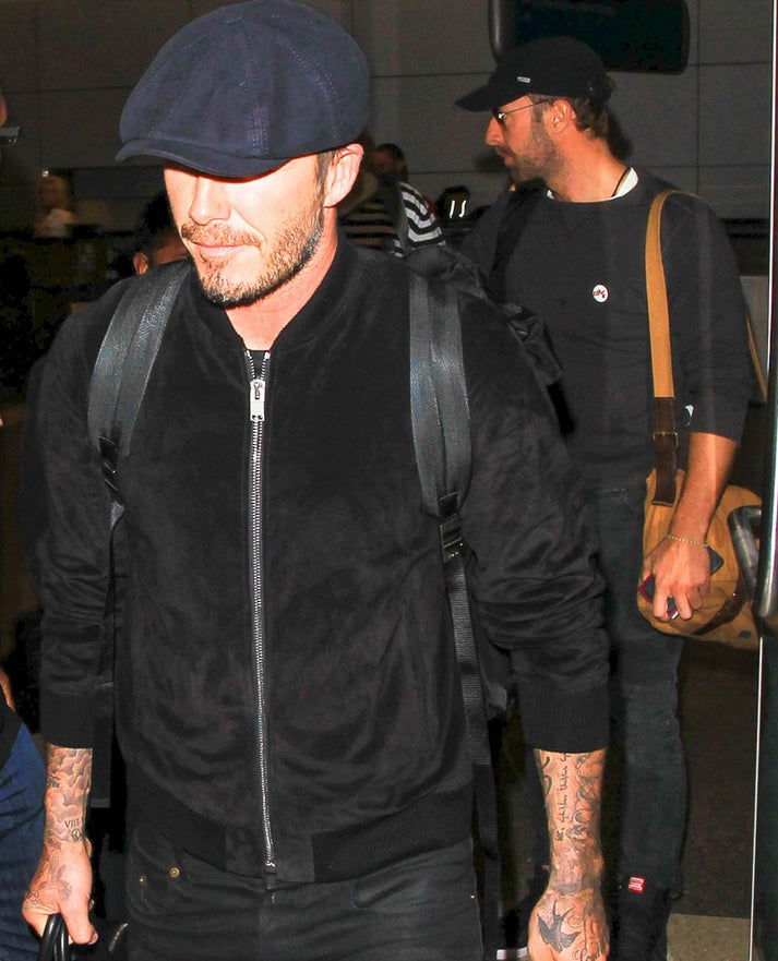 David Beckham black suede jacket at Los Angeles International Airport 