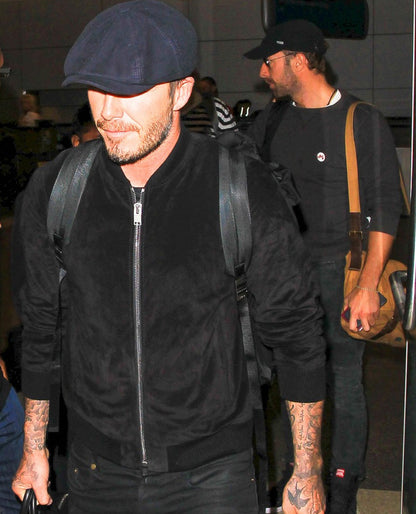 David Beckham black suede jacket at Los Angeles International Airport 
