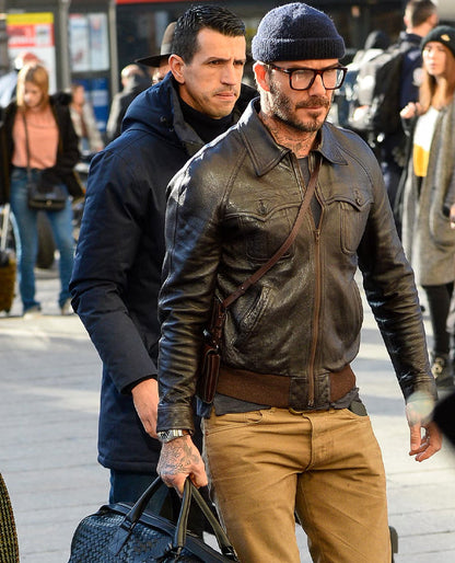 David Beckham Brown Distressed Leather Bomber Jacket