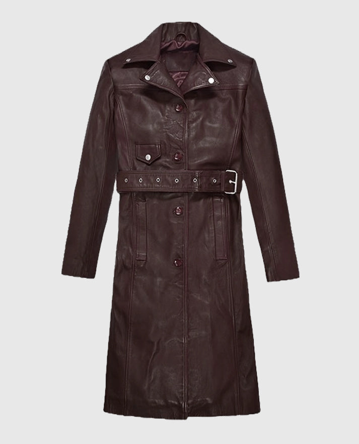 Eiza Gonzalez Leather Burgundy Trench Long Coat