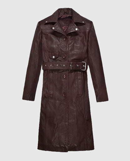 Eiza Gonzalez Leather Burgundy Trench Long Coat