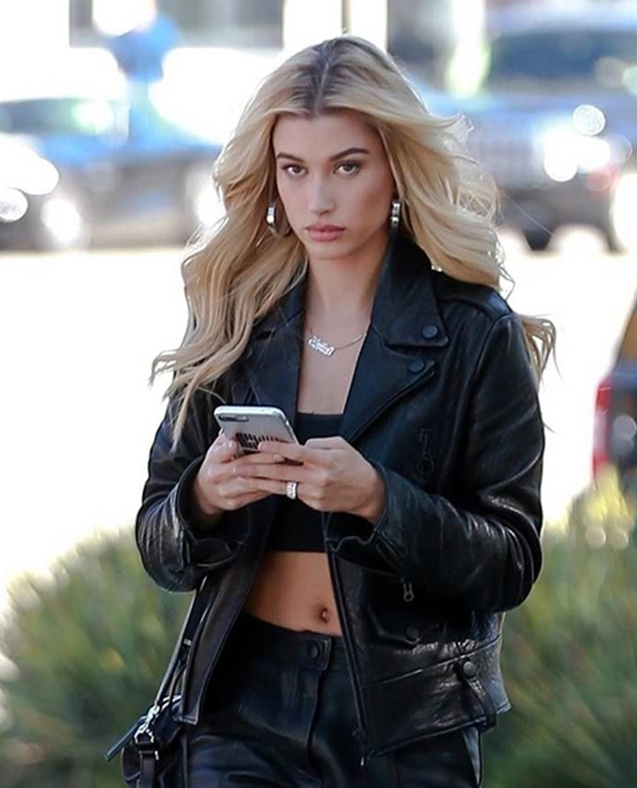 Hailey Baldwin Bieber Black Leather Jacket