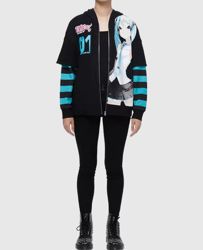 Hatsune Miku Jumbo Print Stripe Girls Black Fleece Hoodie