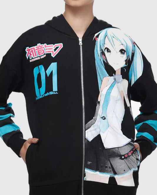 Hatsune Miku Jumbo Print Stripe Girls Fleece Hoodie