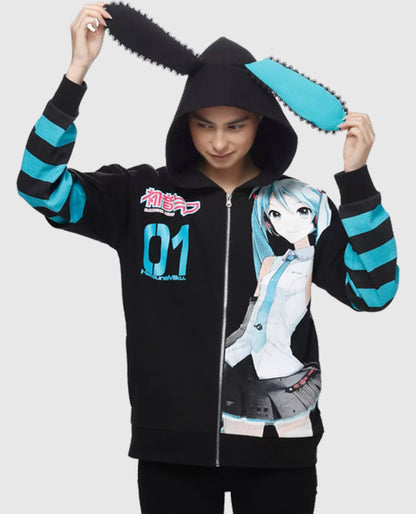 Hatsune Miku Jumbo Print Stripe Girls Hoodie