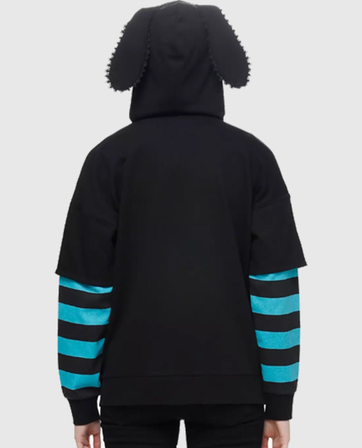Hatsune Miku Jumbo Printed Stripe Girls Black Fleece Hoodie