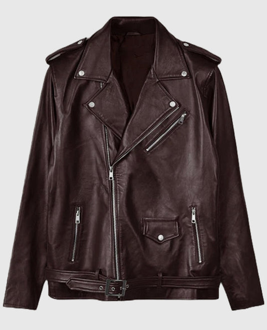 Joe Jonas Maroon Biker Leather Jacket
