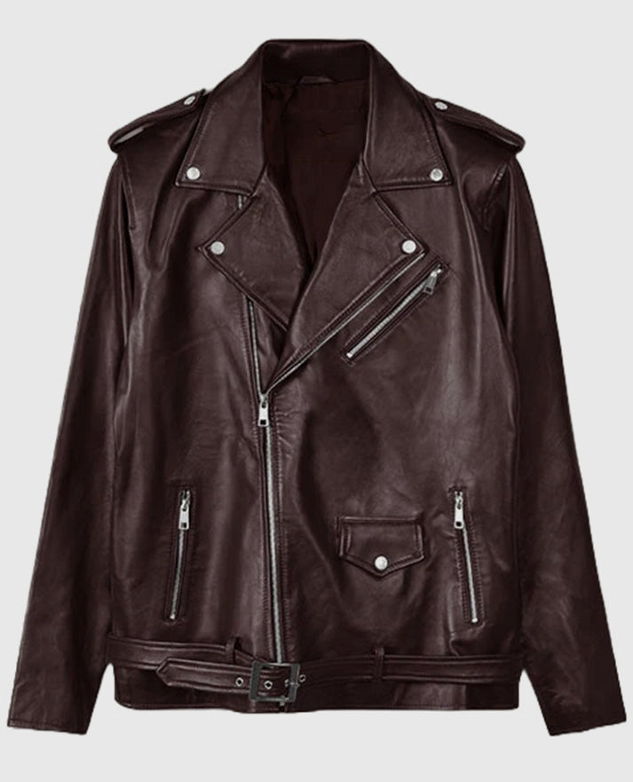 Joe Jonas Maroon Biker Leather Jacket