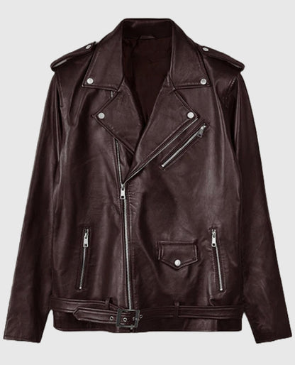 Joe Jonas Maroon Biker Leather Jacket