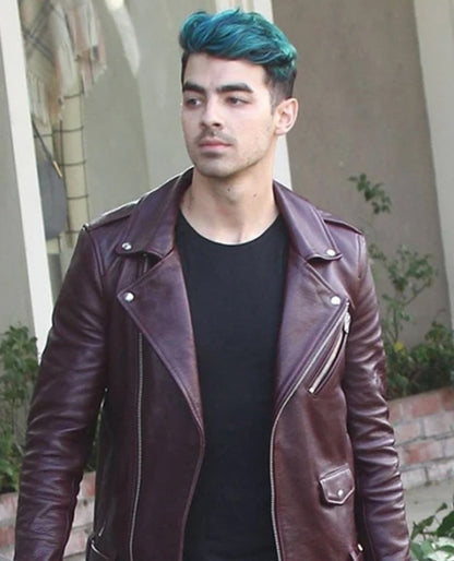 Joe Jonas Maroon Leather Jacket
