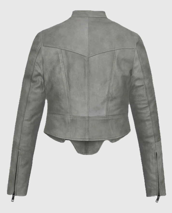 Julia Fox Grey Cropped Leather Jacket