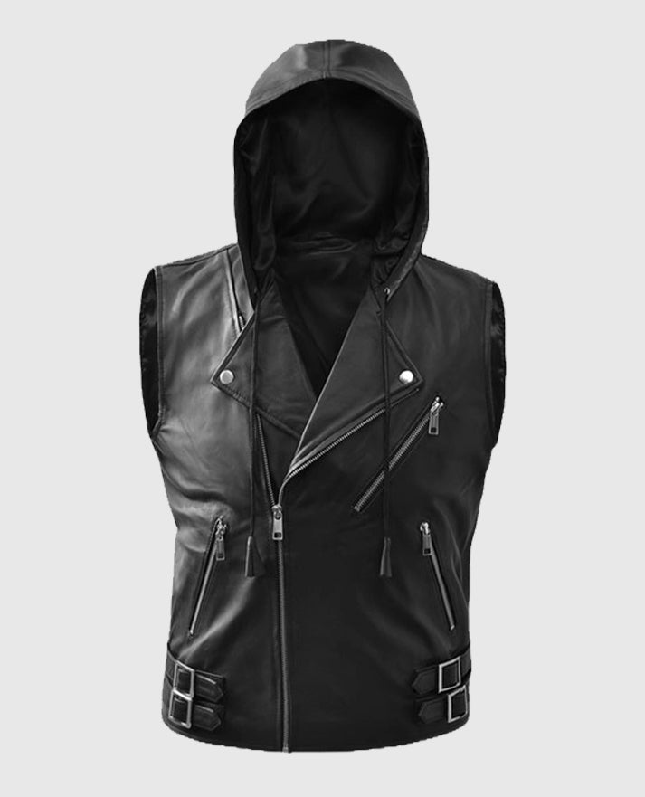 Men's Black Biker Style Leather Hooded Vest