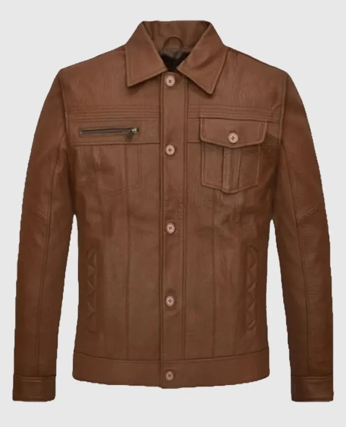 Men's Brown Leather Trucker Jacket