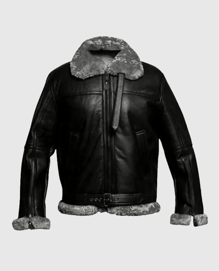Men's Flying Pilot Black Bomber FUR Aviator Jacket