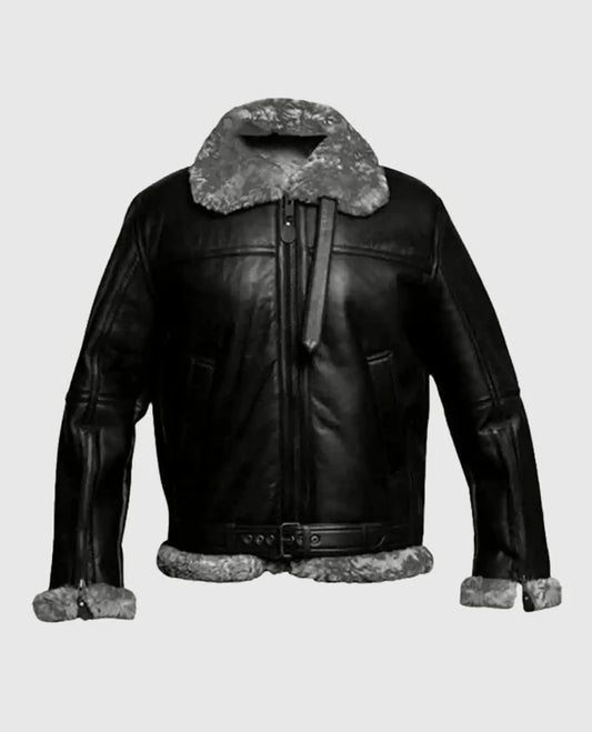 Men's Flying Pilot Black Bomber FUR Aviator Jacket