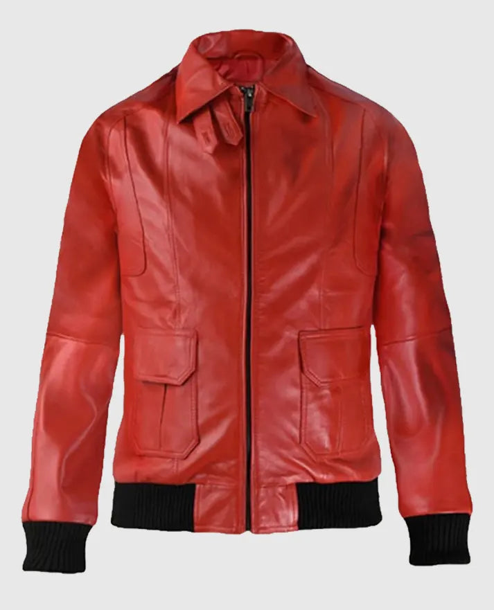 Men's Red Bomber Leather Jacket