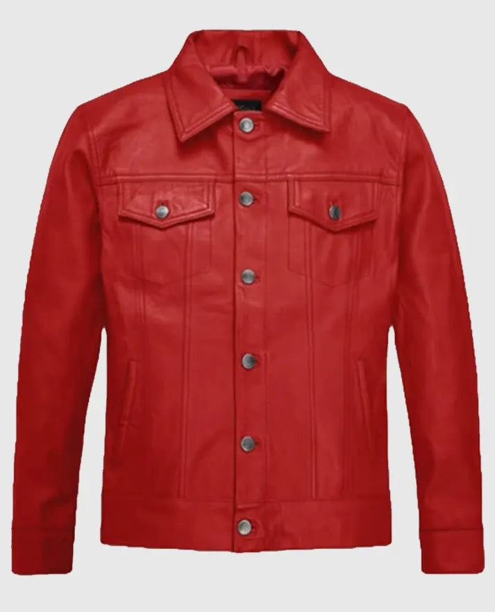 Men's Red Leather Trucker Jacket