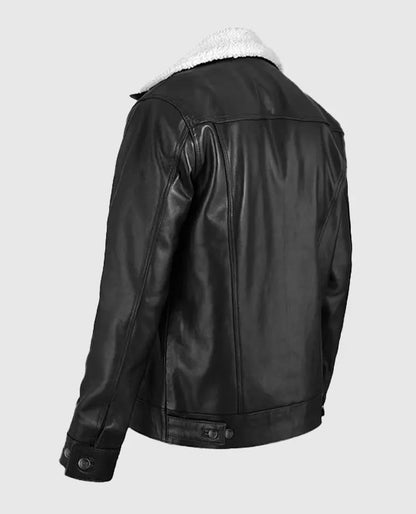 Men's Solid Black Leather Sherpa Style Jacket