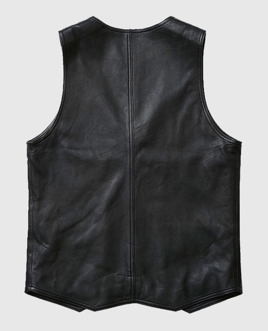Men's V-Neck Black Leather Vest
