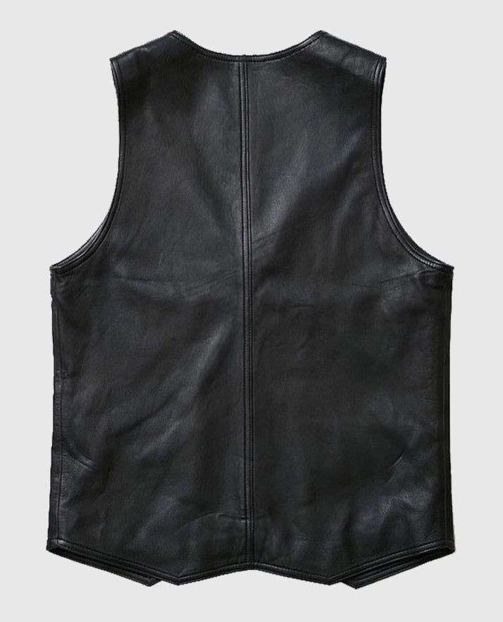 Men's V-Neck Black Leather Vest