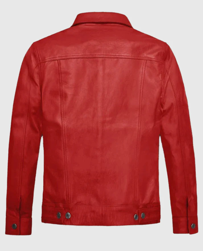 Men's Red Leather Trucker Jacket - second image
