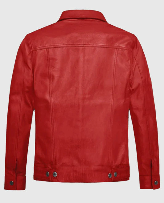 Red Leather Trucker Jacket For Men