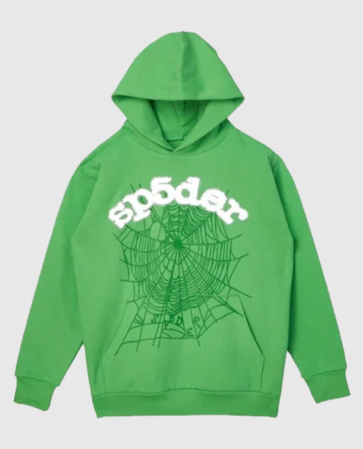 SP5DER Web Suit Green Pullover Hoodie Rhinestone