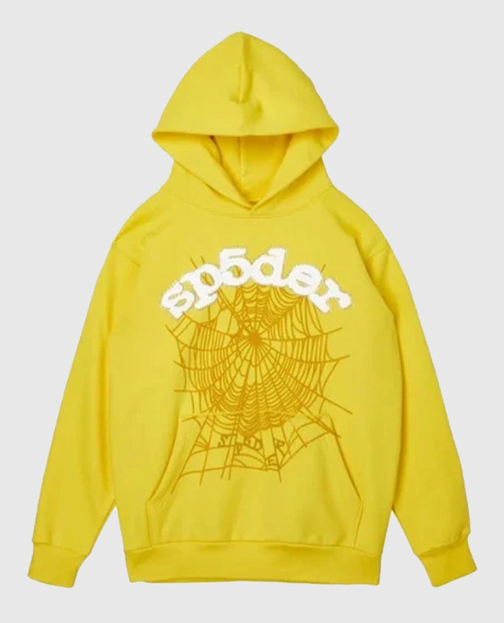 SP5DER Web Suit Yellow Pullover Hoodie Rhinestone