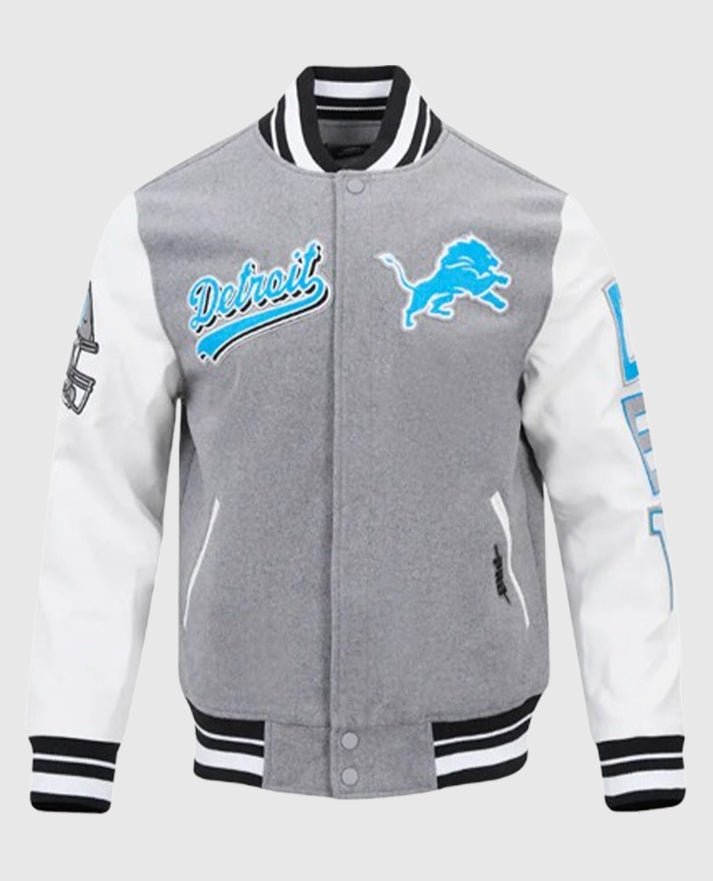 Script Tail Detroit Lions Classic Rib Grey Varsity Letterman Jacket