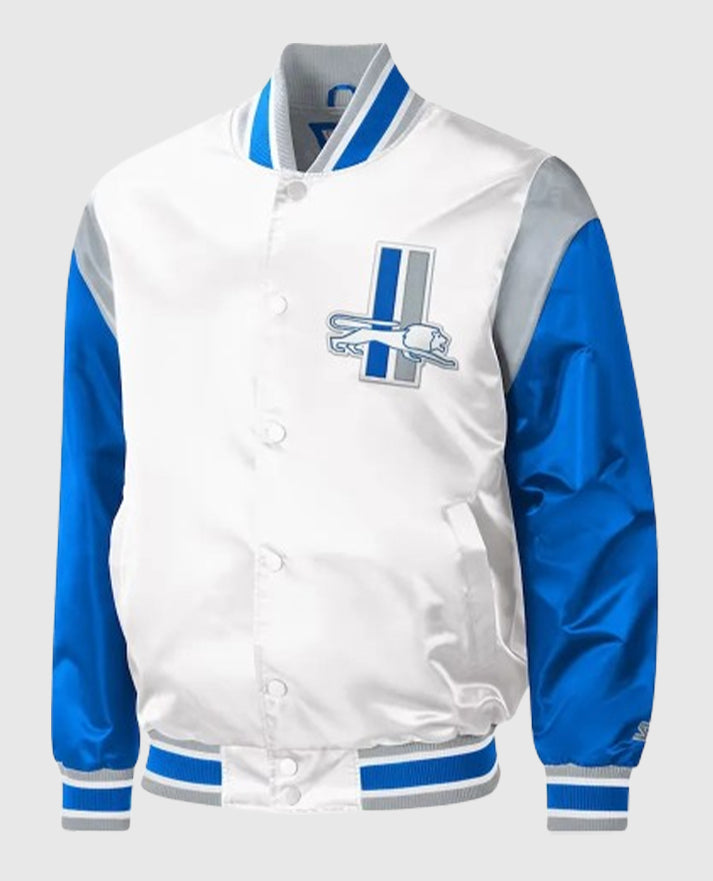 Throwback Warm Up Pitch Detroit Lions Varsity Satin Jacket