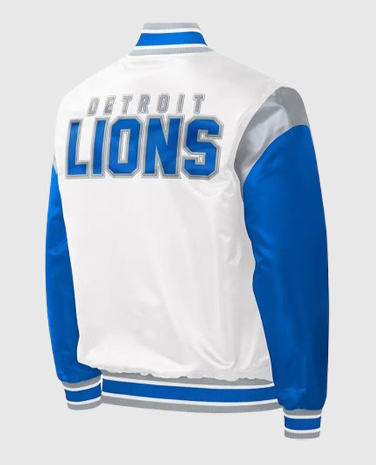 Throwback Warm Up Pitch Detroit Lions Varsity Satin White Jacket